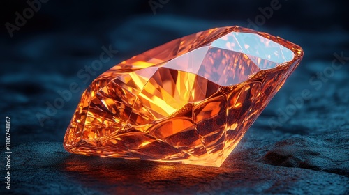 Glowing orange gemstone on dark surface.