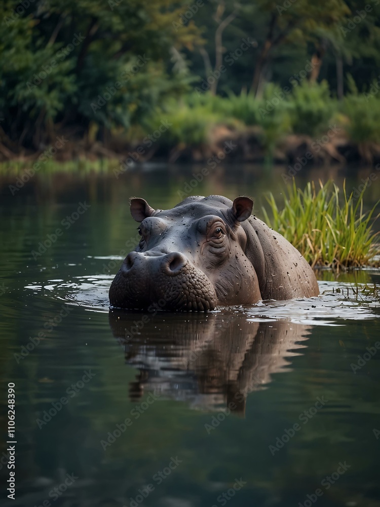 Hippo in a calm river, showcasing its peaceful nature. Hippo in a calm river, showcasing its peaceful nature.