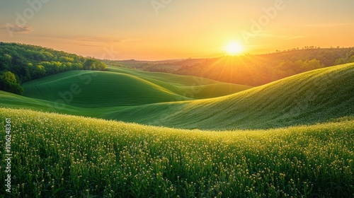 Rolling Green Hills Under Golden Sunrise with Vibrant Colors