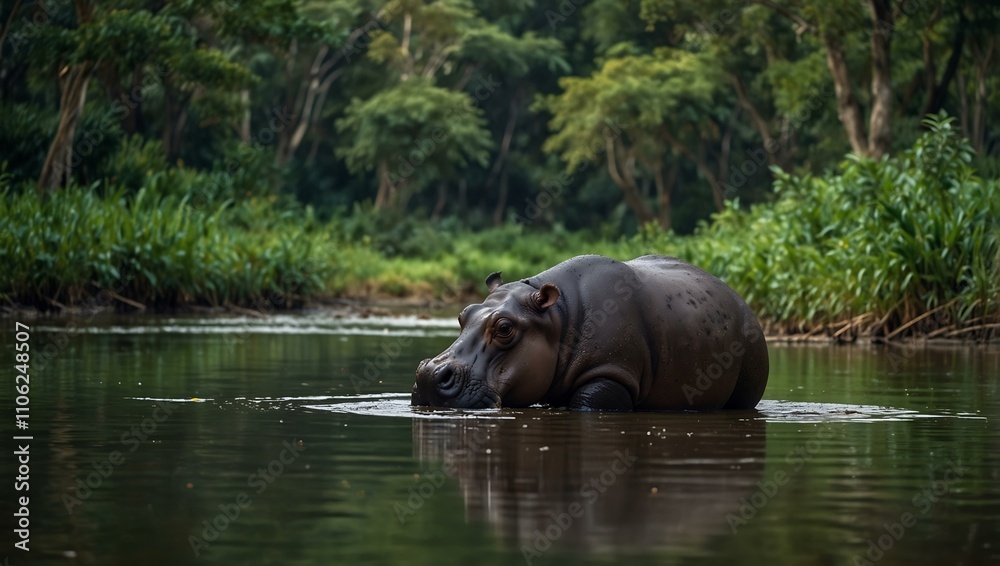 Hippopotamus surrounded by a lush forest. Hippopotamus surrounded by a lush forest.