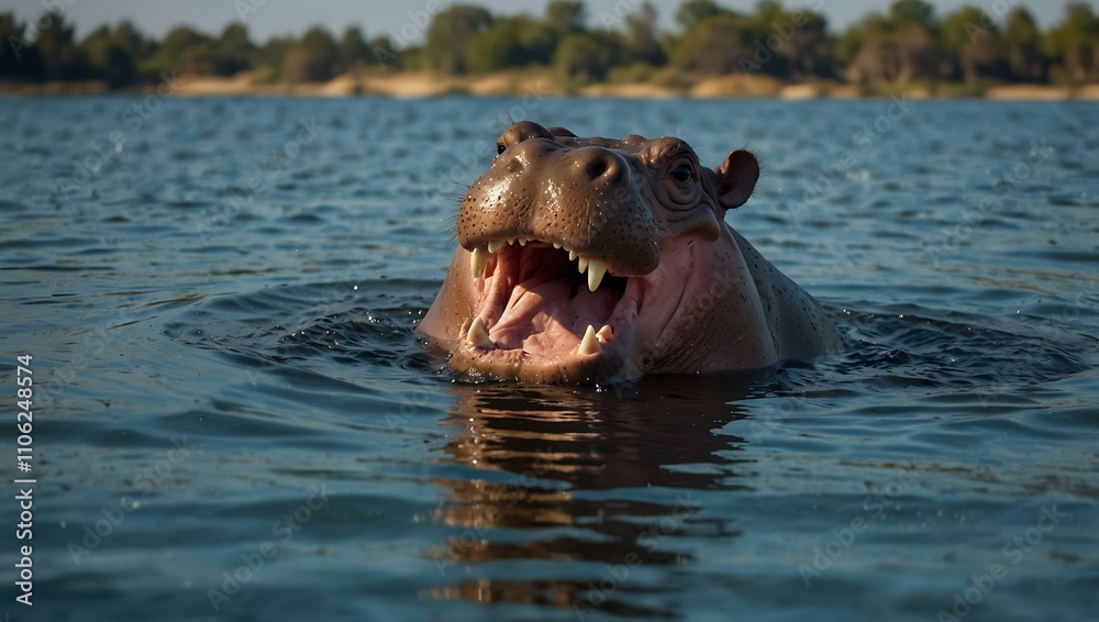 Fototapeta premium Hippopotamus yawns in blue water, showing its teeth.