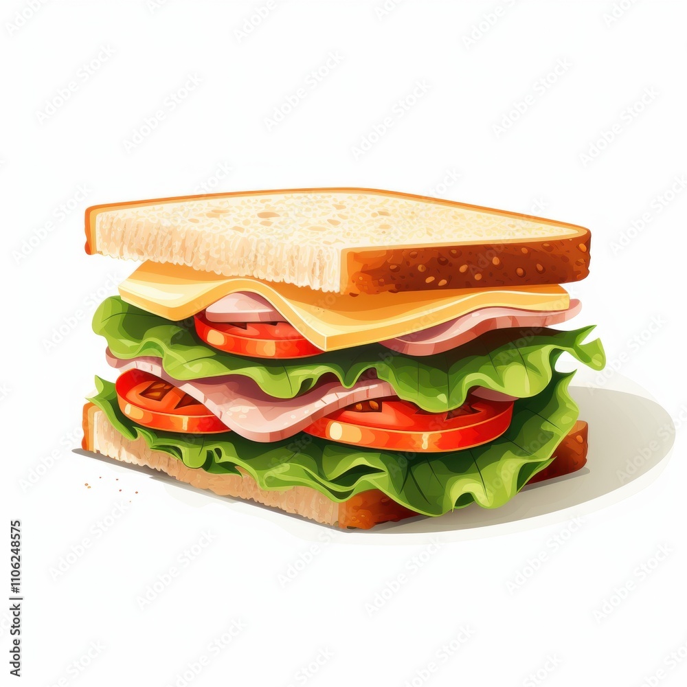 Cartoon-style illustration of a sandwich with lettuce, tomato, cucumber, cheese, and deli meat on seeded bread, set against a white background. Cartoon-style illustration of a sandwich with lettuce, tomato, cucumber, cheese, and deli meat on seeded bread, set against a white background.