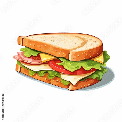 Cartoon-style illustration of a sandwich with lettuce, tomato, cucumber, cheese, and deli meat on seeded bread, set against a white background.