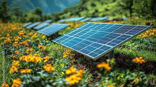 Serene Green Valley with Small Solar Farm among Vibrant Flowers
