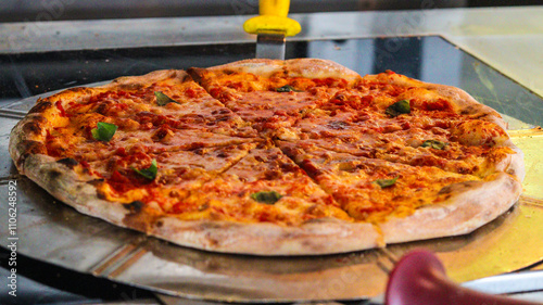 Pizza de mussarela recém-assada em uma bandeja de metal, com a crosta dourada e queijo derretido, mostrando a textura apetitosa e o sabor delicioso de uma pizza caseira photo