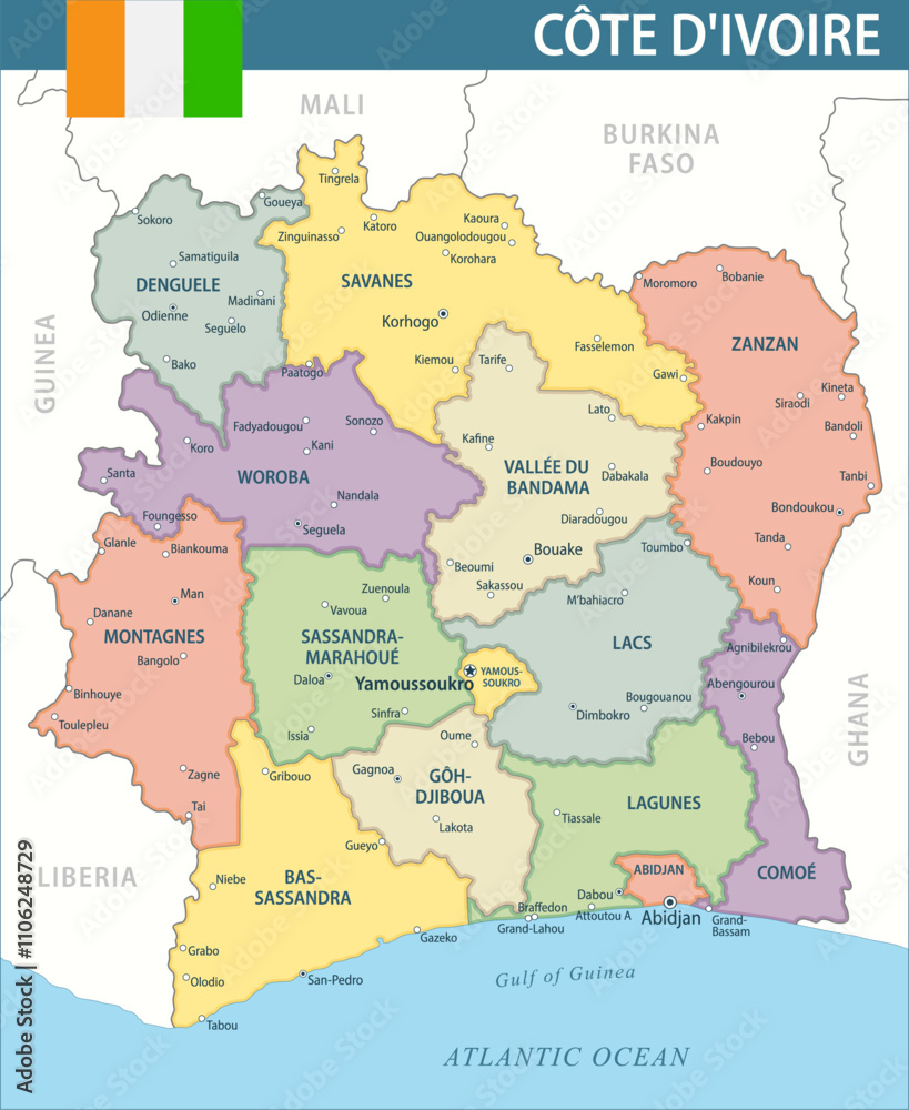 Fototapeta premium Cote D'Ivoire Map Vector New 2024 Colorful - Customizable layered political map of Cote D'Ivoire with administrative divisions for website, education, reports, news, politics, print, poster