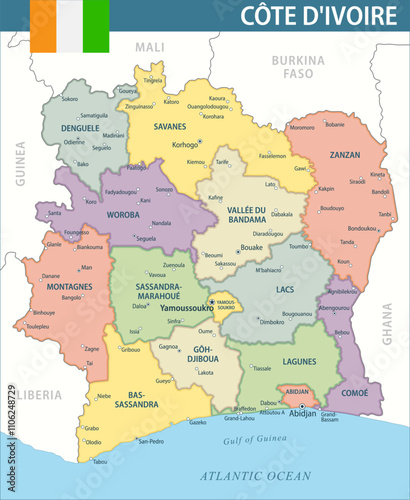 Cote D'Ivoire Map Vector New 2024 Colorful - Customizable layered political map of Cote D'Ivoire with administrative divisions for website, education, reports, news, politics, print, poster