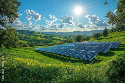 Serene Green Valley with Small Solar Farm under Bright Sunlight