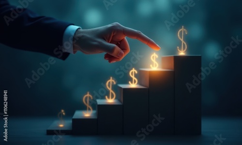 Hand pointing to illuminated dollar signs on ascending steps.
