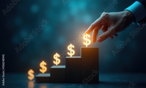 Symbol of financial growth: glowing dollar signs on stairs.
