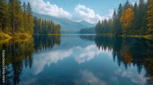 Serene Lake Surrounded by Trees with Clear Reflections in Water