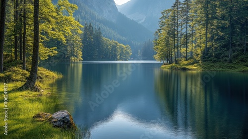 Serene Lake Surrounded by Lush Green Trees and Majestic Mountains
