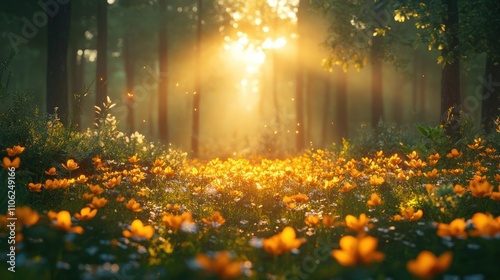 Sunlit Forest Clearing with Vibrant Flowers and Calm Atmosphere