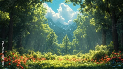 Tranquil Forest Clearing Bathed in Sunlight with Majestic Mountains