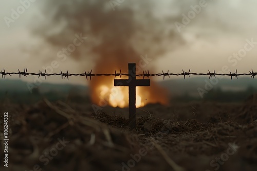 World War II Battlefield with Trenches and Barbed Wire, Depicting a Grim and Historical Scene of Warfare and Strategic Defence photo