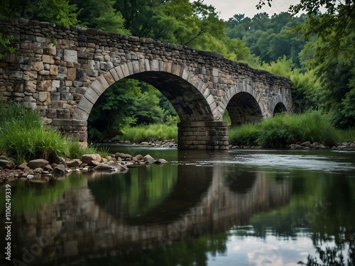 Historic stone bridge arching over a serene river