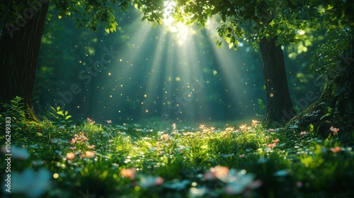 Tranquil Forest Clearing Bathed in Sunlight with Gentle Flora
