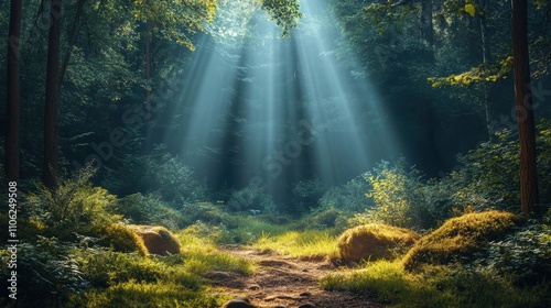 Tranquil Forest Clearing Bathed in Sunlight with Lush Greenery