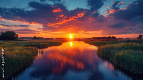 Vibrant Sunset Over Tranquil Wetland Reflections in Golden Light