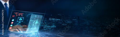Cloud Computing: Scalability, data storage, security, flexibility, efficiency, collaboration. Businessman data analysis for performance monitoring network.