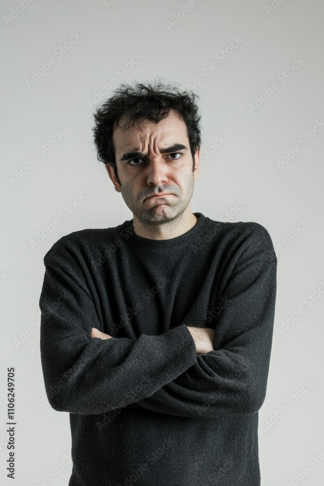 Frowning man, arms crossed, dark sweater, neutral background. Frowning man, arms crossed, dark sweater, neutral background.