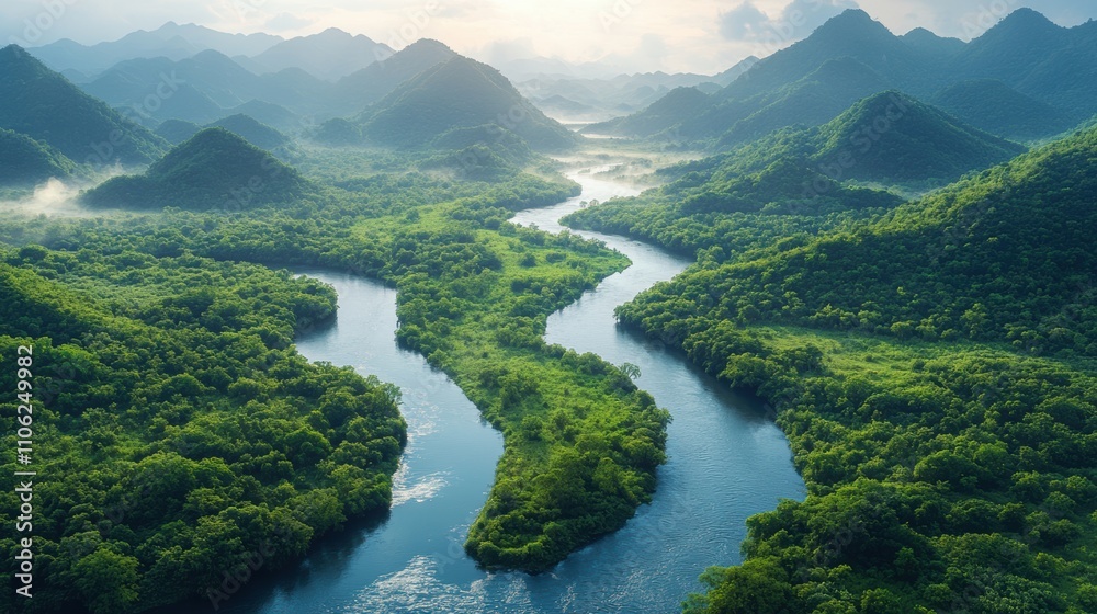 Winding River Through Lush Valley Surrounded by Green Mountains
