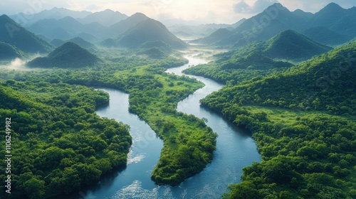 Winding River Through Lush Valley Surrounded by Green Mountains