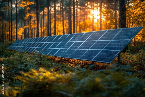 Solar Panels Reflecting Sunlight in a Forest Setting at Dusk