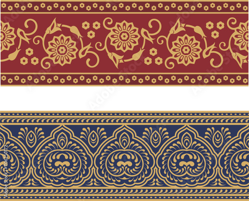 Vector seamless floral ethnic friezes set. Ornamental motifs in Eastern, Arabic, Oriental style. Retro wedding backgrounds, page decorations, damask, carpet, tile, embroidery patterns.