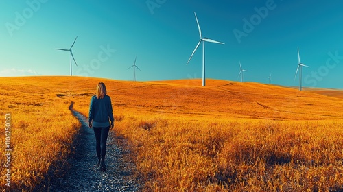 Woman Walking Through Wind Turbines in Golden Field Landscape