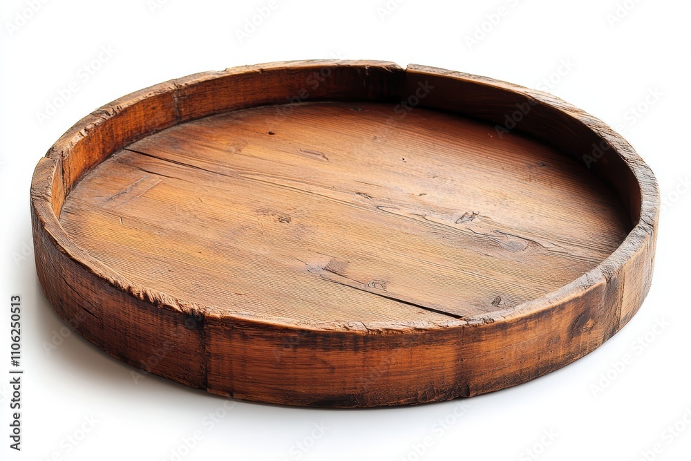 Obraz premium 木製の丸いトレーが自然の光の中で静かに置かれている様子