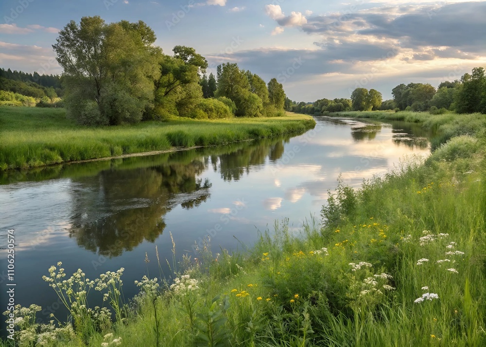 Fototapeta premium A serene river flows through a vibrant green field, surrounded by lush vegetation and clear blue skies.