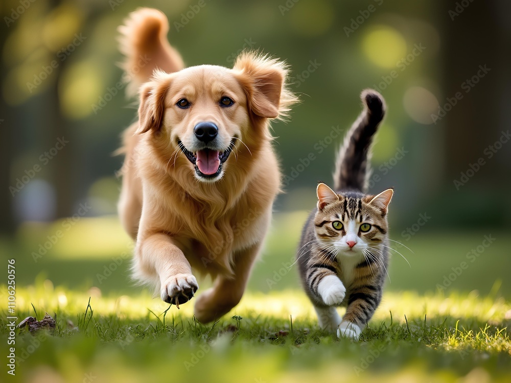 A young golden retriever puppy dog running and playing with a cat happily in the park