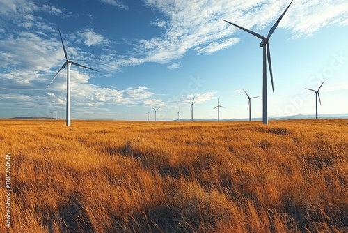 Spinning Wind Turbines in a Vast Field of Golden Grass Under Sky
