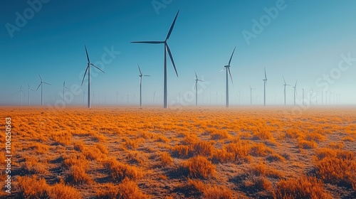 Wind Turbines Spinning in Vast Field of Golden Grass Under Blue Sky