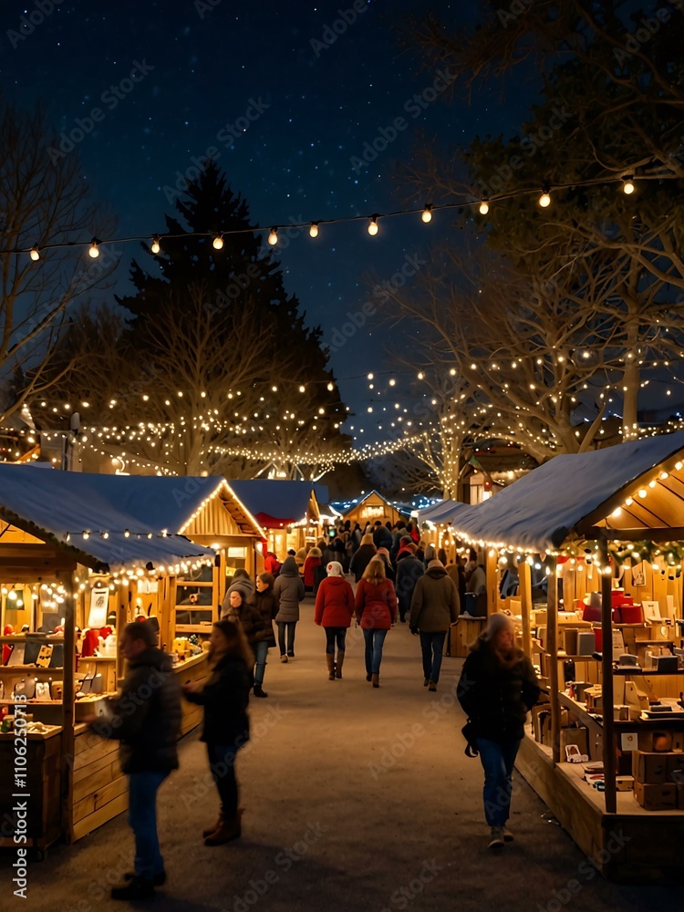 Fototapeta premium Holiday market on Christmas Eve with twinkling lights and handmade gifts.