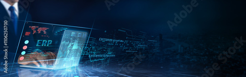 ERP (Enterprise Resource Planning): Integration, automation, efficiency, real-time data, optimization, streamlined operations. Businessman data analysis for performance monitoring network.