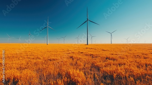 Wind Turbines Spinning in a Vast Field of Golden Wheat under Blue Sky