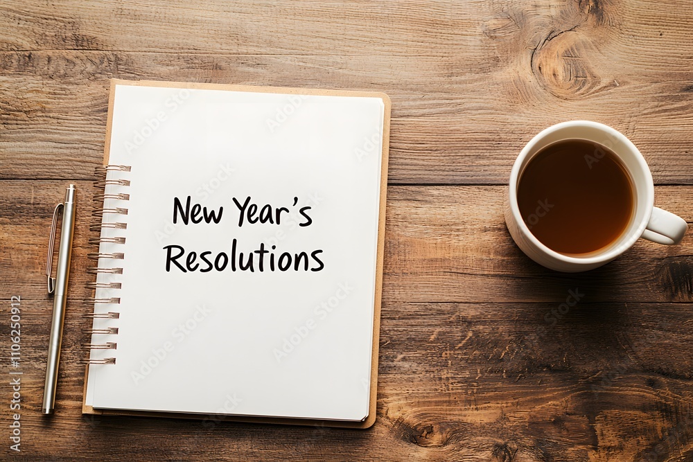 Notebook with Text ‘New Year’s Resolutions’ and Copy Space, Ready for Personal Goals and Plans, Set on a Clean and Minimalist Surface Notebook with Text ‘New Year’s Resolutions’ and Copy Space, Ready for Personal Goals and Plans, Set on a Clean and Minimalist Surface