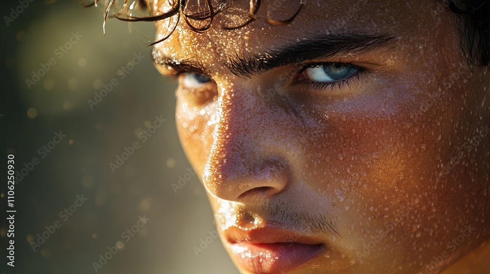 Fototapeta premium Close-up of a young male soccer player with wet skin, intense blue eyes, and focused expression, surrounded by a blurred background