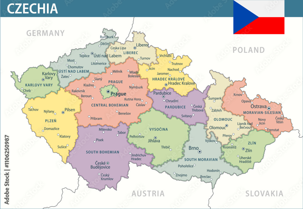 Naklejka premium Czechia Map Vector New 2024 Colorful - Customizable layered political map of Czech Republic with administrative divisions for website, education, reports, news, politics, print, poster and wallpaper