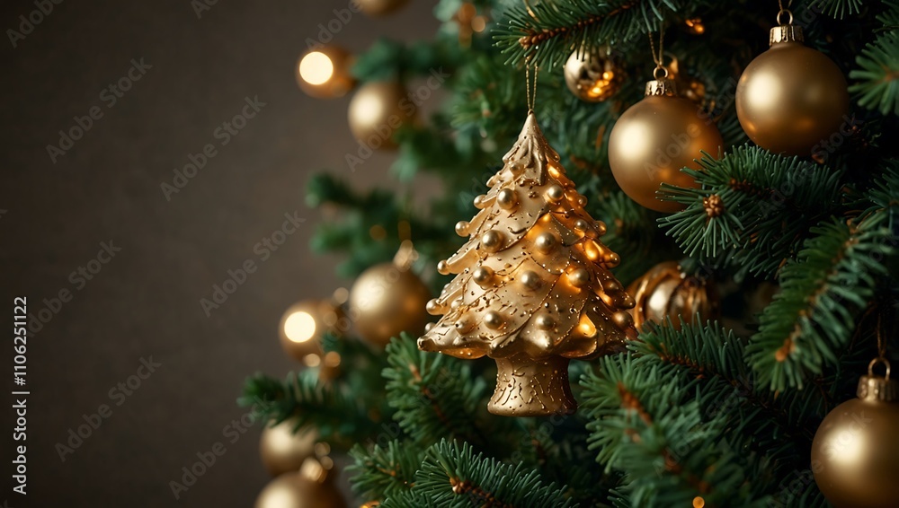 Holiday tree adorned with gold ornaments and glowing lights.
