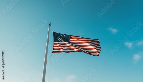 Proud flag flying in the wind, the symbol of America in beautiful blue sky. photo