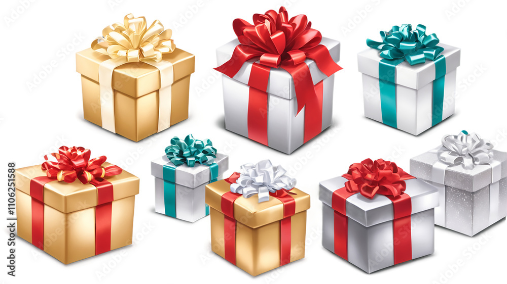 Collection of beautifully wrapped gift boxes with gold, red, silver ribbons, isolated on transparent background. Collection of beautifully wrapped gift boxes with gold, red, silver ribbons, isolated on transparent background.