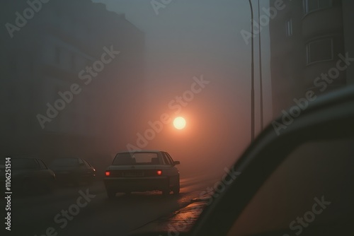 Fog in a Sunset Cityscape, Blurring the Skyline with Warm, Golden Light and a Mysterious Urban Atmosphere