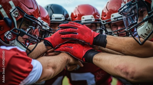 A close-up of an American football team in a huddle, with players wearing helmets and red jerseys, their hands stacked together in the center