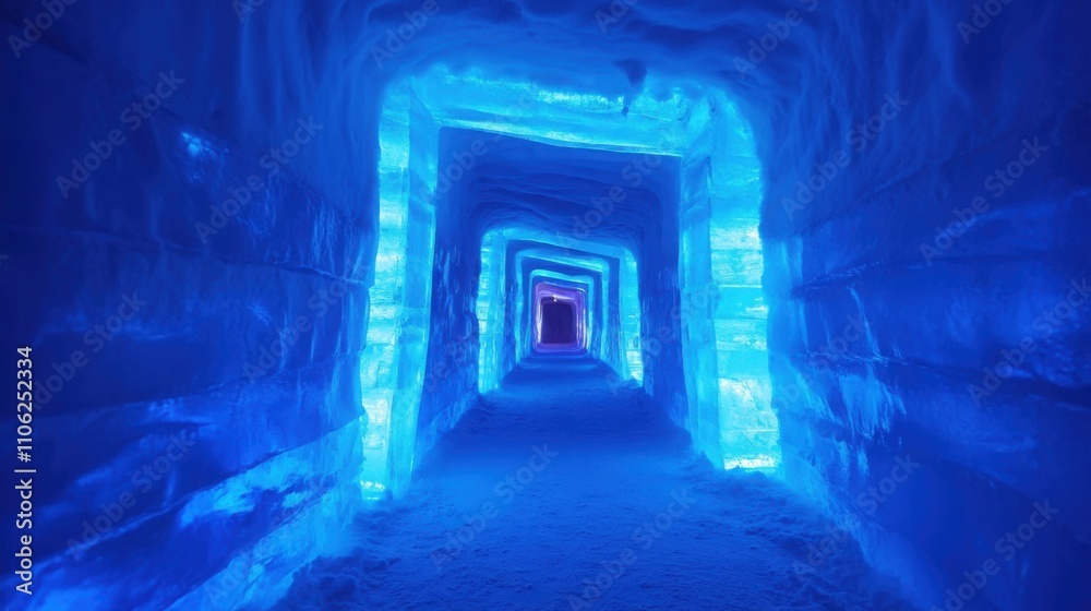 Obraz premium frozen labyrinth with translucent ice walls, glowing blue light within the ice, snowy floor