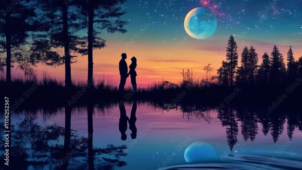 Silhouette of a couple in love, standing close together and holding hands, with the moon and stars in the sky, reflected in a lake. Concept of valentine's day and romance. Silhouette of a couple in love, standing close together and holding hands, with the moon and stars in the sky, reflected in a lake. Concept of valentine's day and romance.