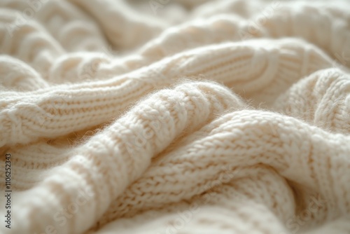 Close up of a white knitted blanket, white background