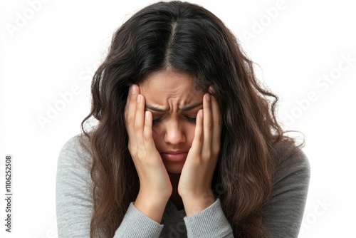 Sad woman, long hair, hands on face.